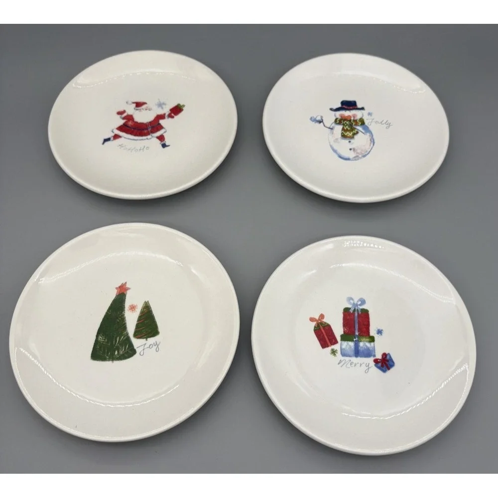 Pier 1 Imports‎ Set of 4 Christmas Appetizer Plates Ceramic Winter Snowman Santa